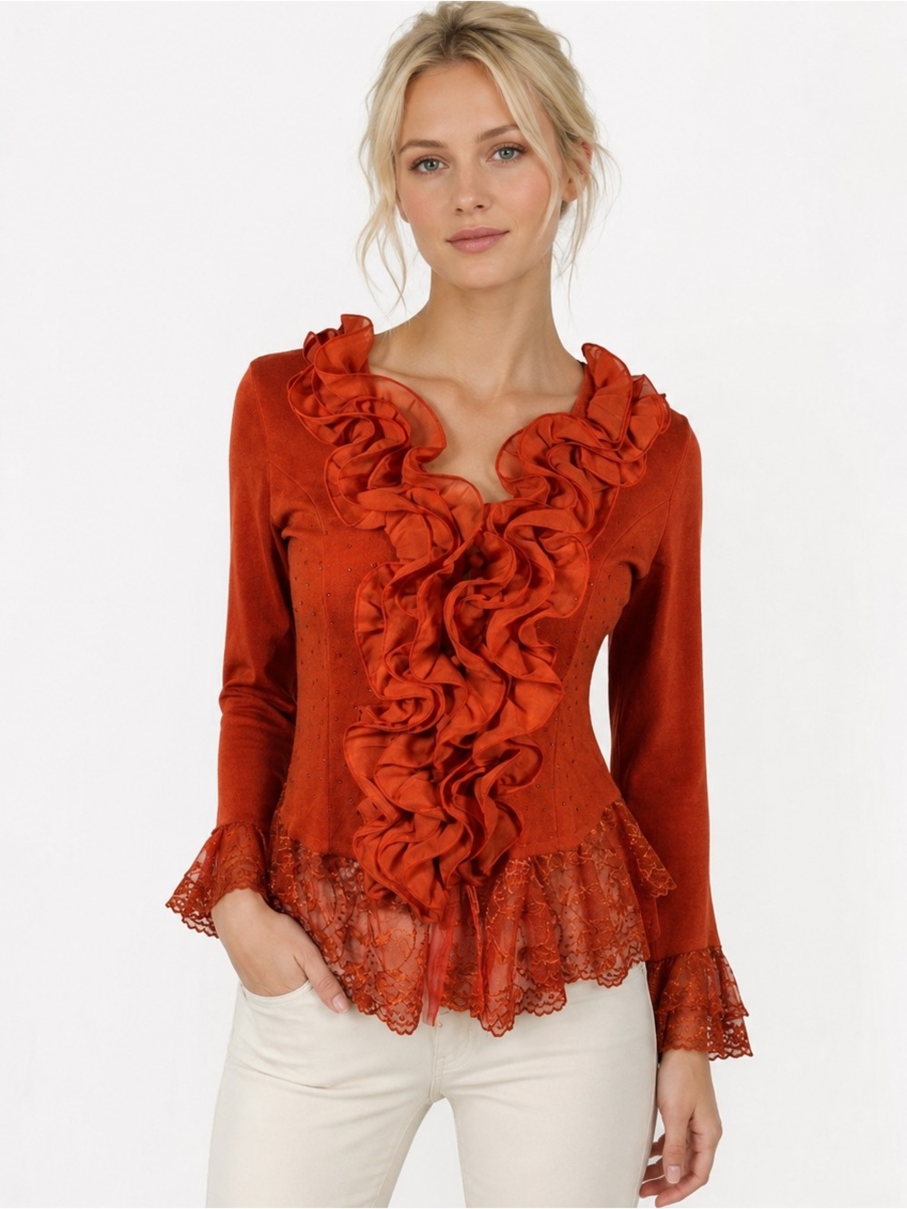 Pretty Angel Orange Button Cardigan Chiffon Ruffle Lace Beaded Cottage Size M